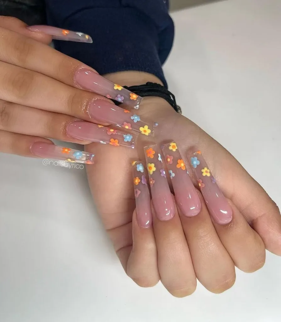 Long Transparent Floral French Tip Nails