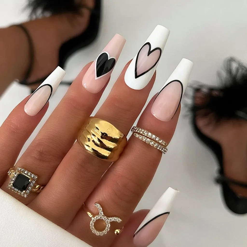 Long Coffin Black and White Heart Nails
