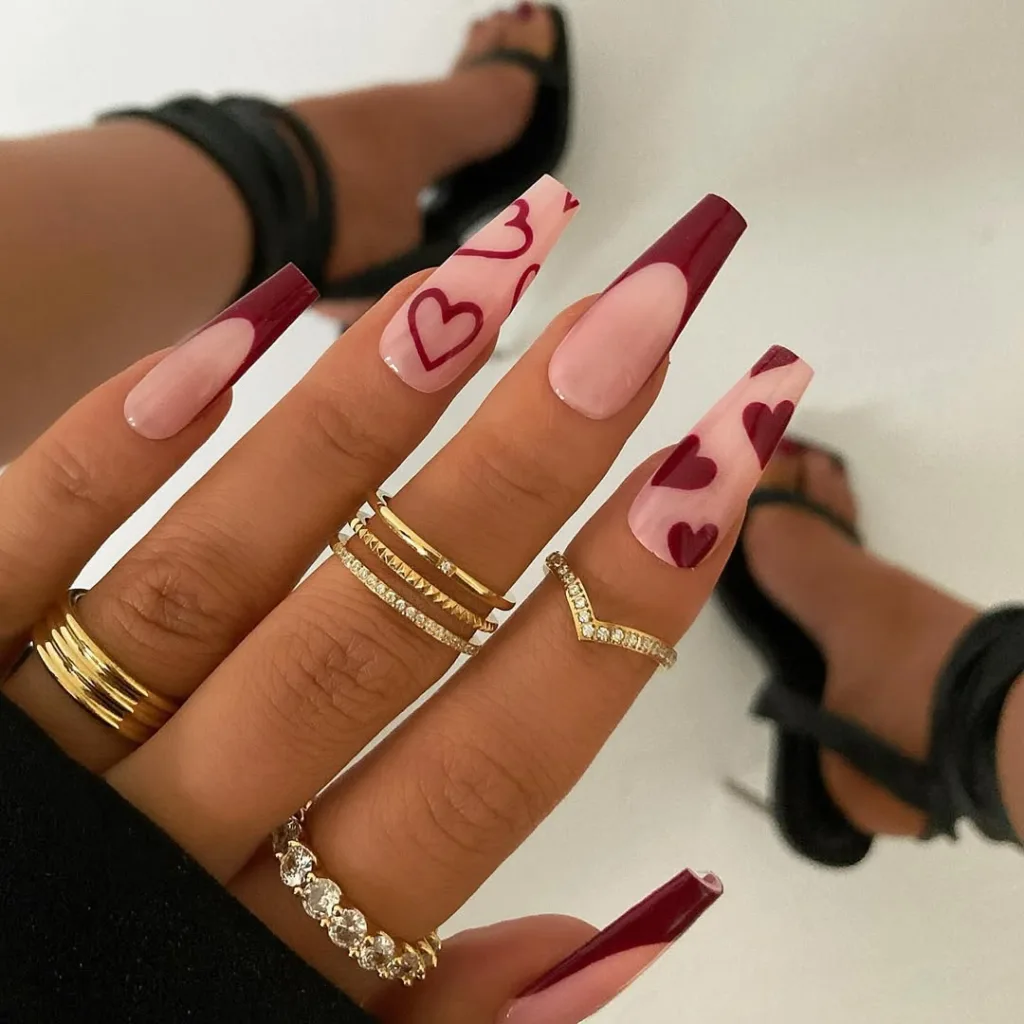 Long Coffin Red French Tip Nails + Heart Nails