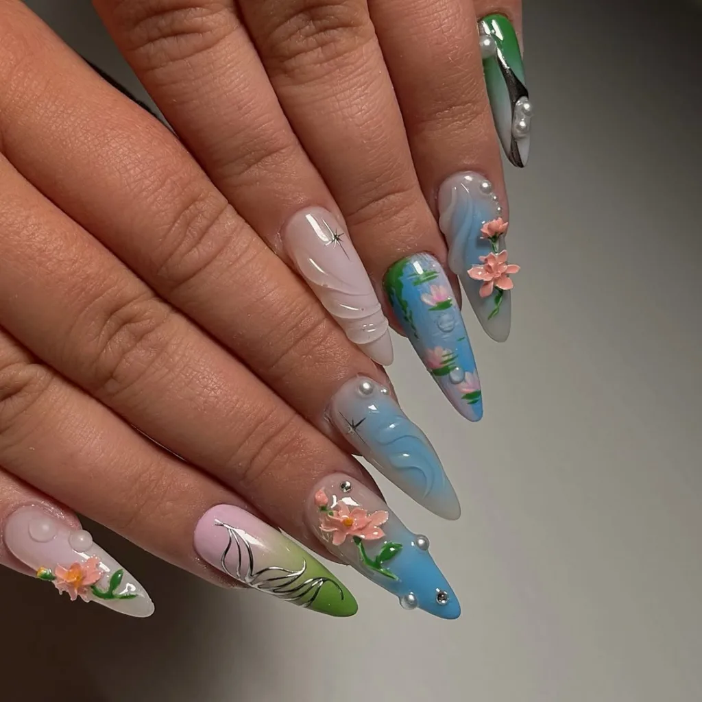 Long Blue Round Nails