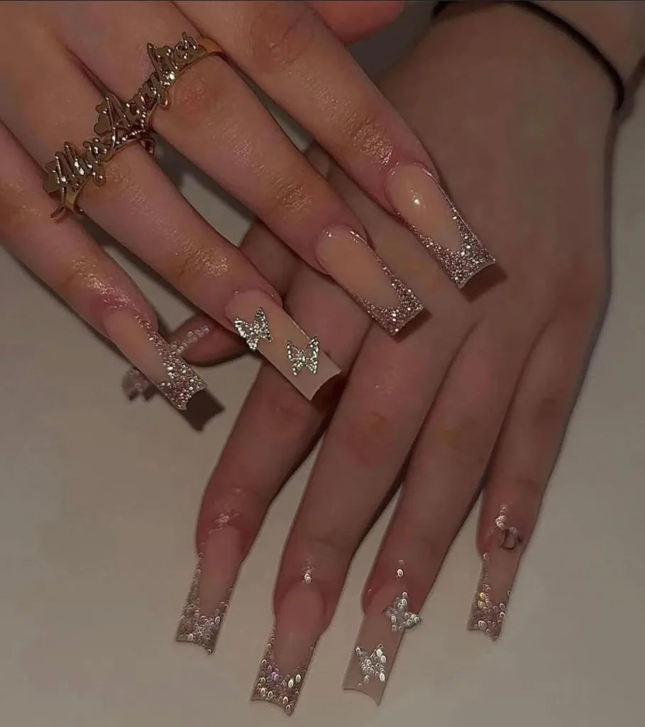 Long Coffin Golden Glitter Nails