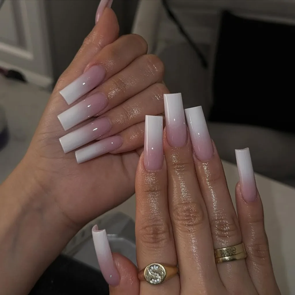 Long Square White Ombre Nails