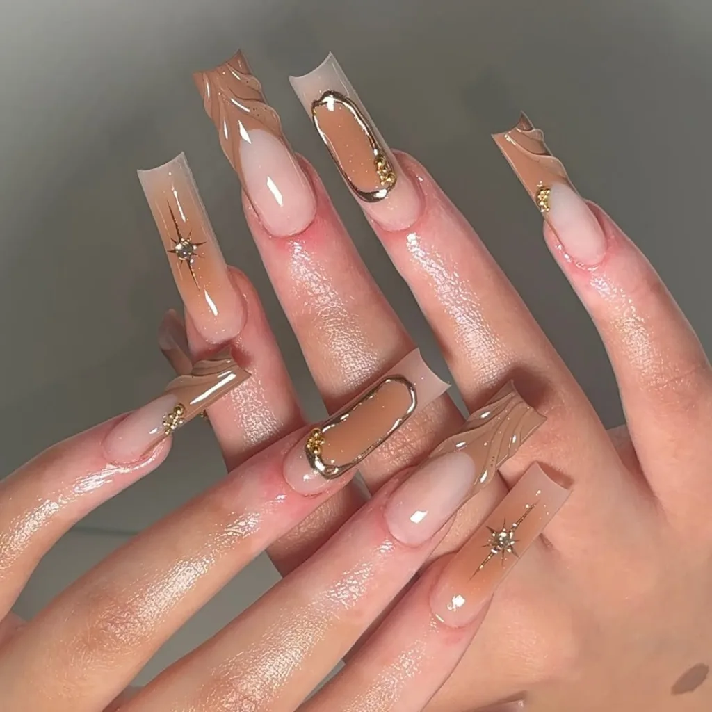 Long Coffin Brown + Gold Nails