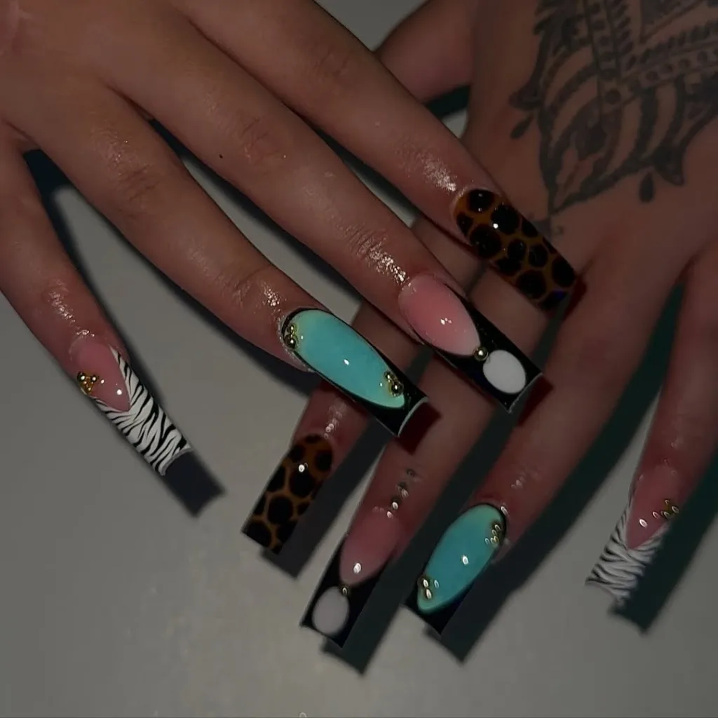 Long Square Nails + Black Nails + Brown Nails