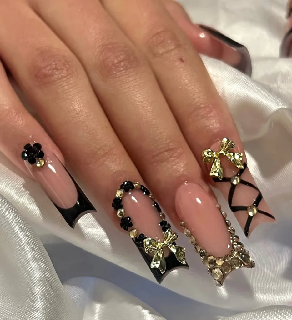Long Coffin Gold Nails + Black Nails