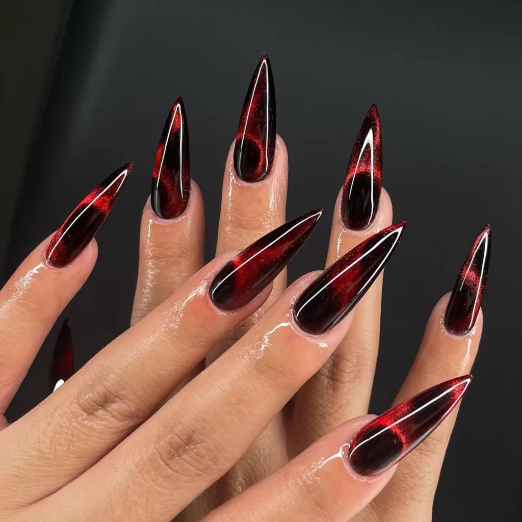 Long Stiletto Dark Red Cate Eye Nails