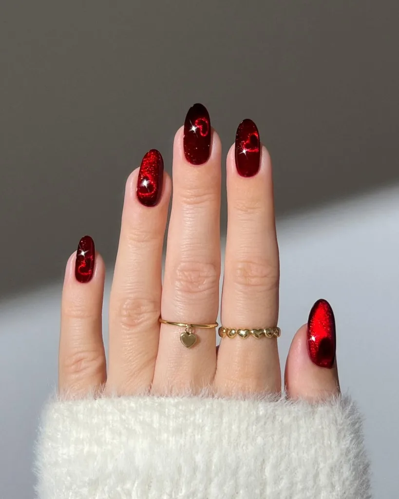 Short Round Cate Eye Nails with Hearts