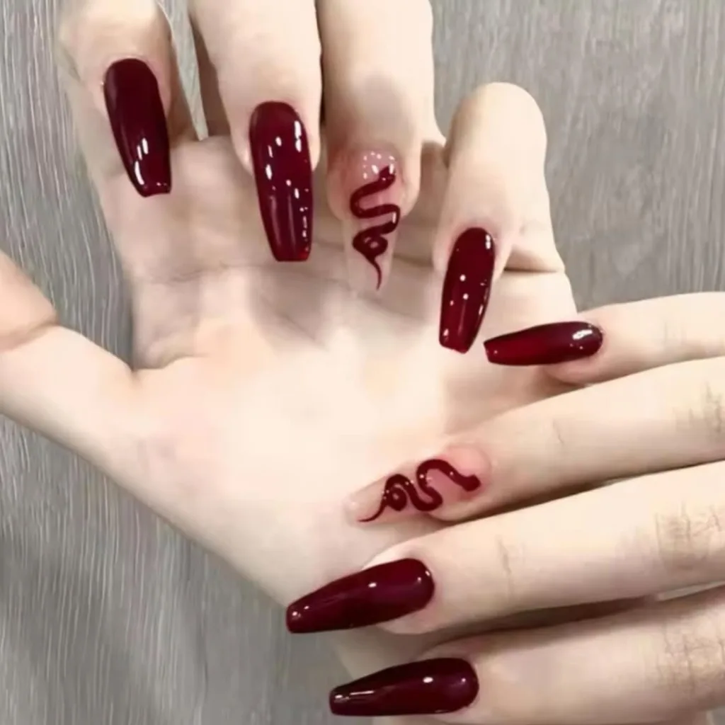 Long Coffin Red Cat Eye Nails with Snakes