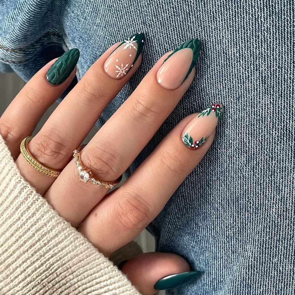 Christmas Green Almond French Nails with Knit Design