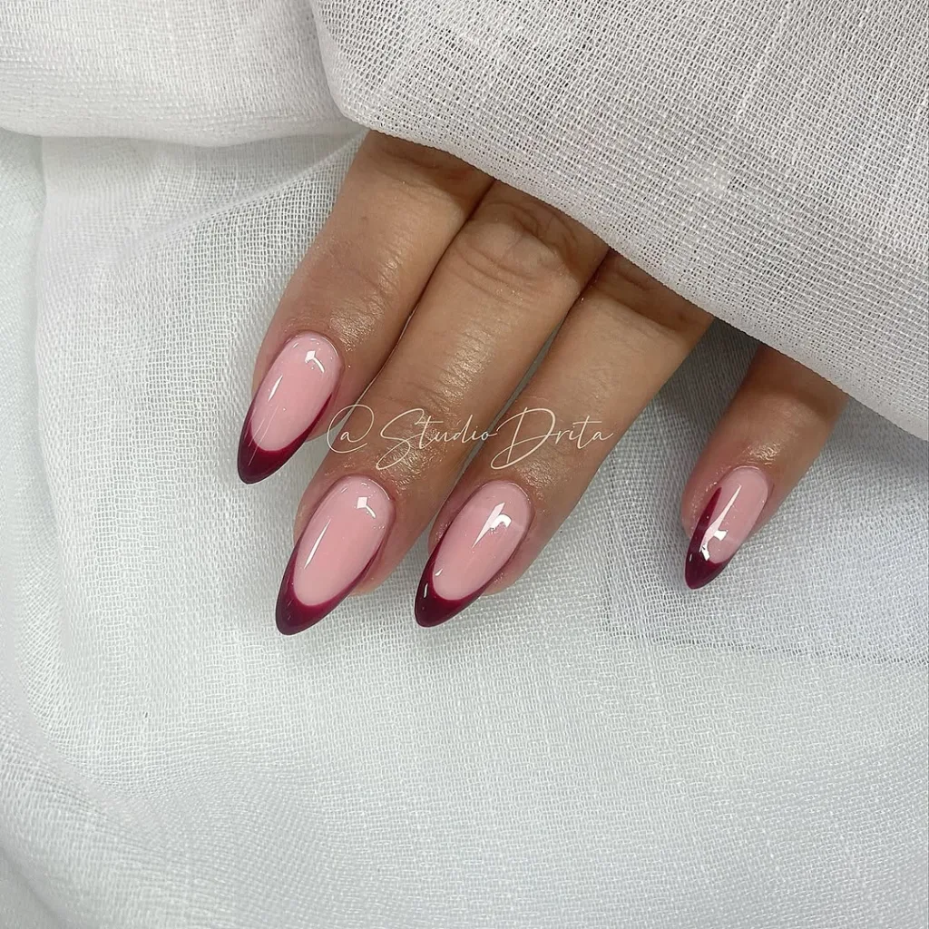 Cherry Red Almond French Nails with Light Pink Base