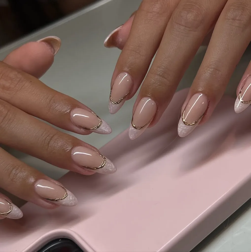 Swirly Pink Glass Almond French Nails with Golden Chrome Border