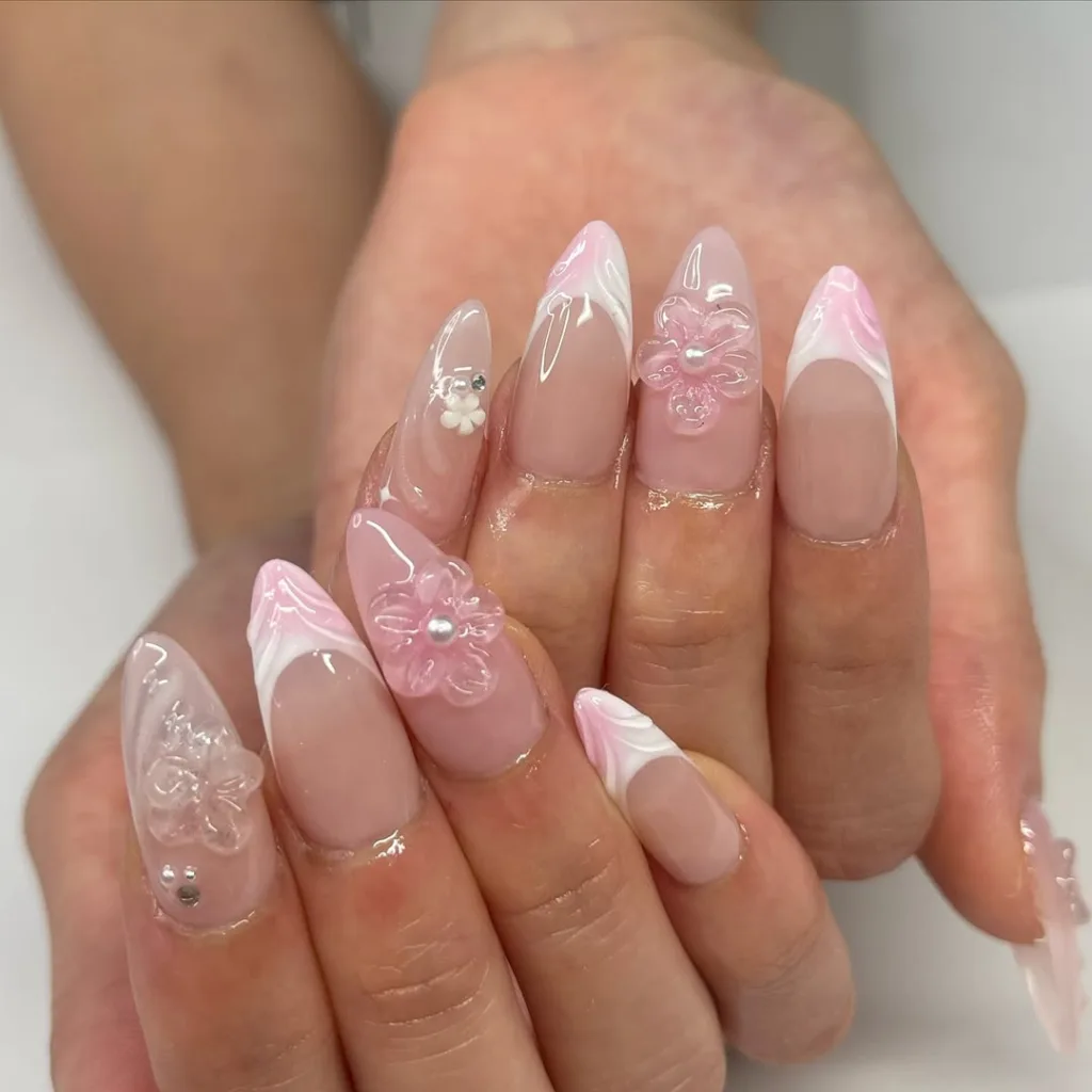 Pink and White Almond French Nails with 3D Gel Flowers and Rhinestones