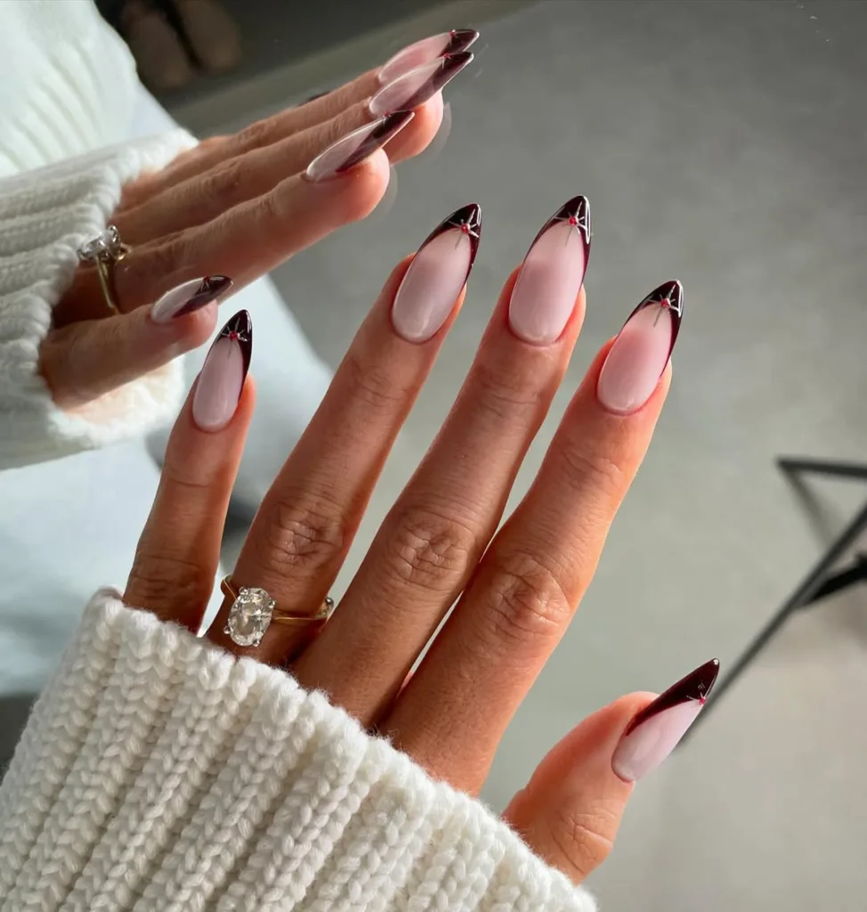 Burgundy Almond French Nails with Golden Stars