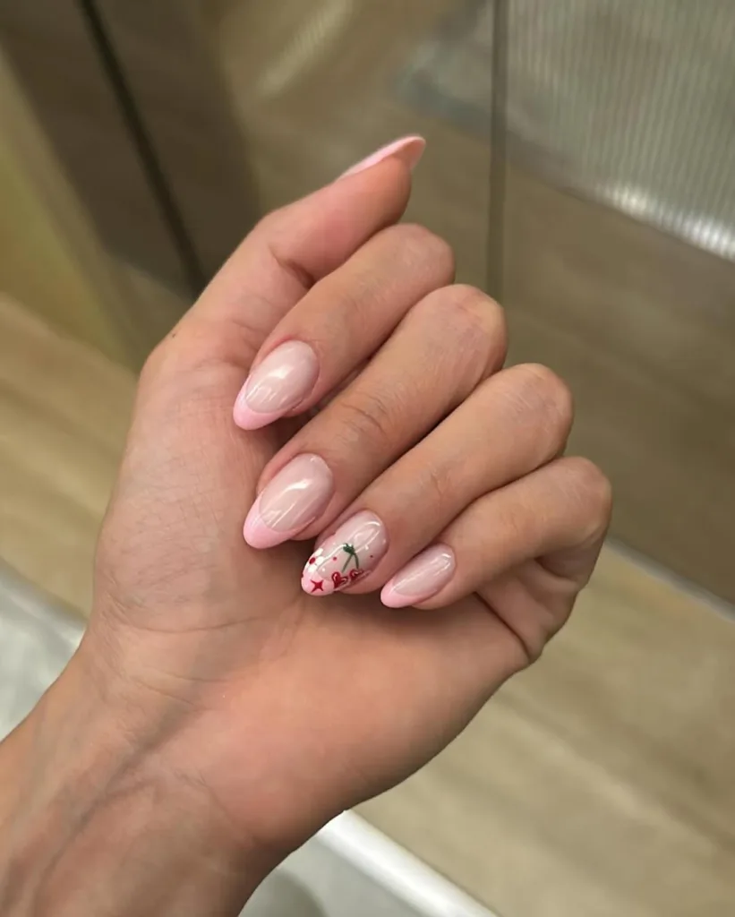 Pink Almond French Nails with Cherry Hearts