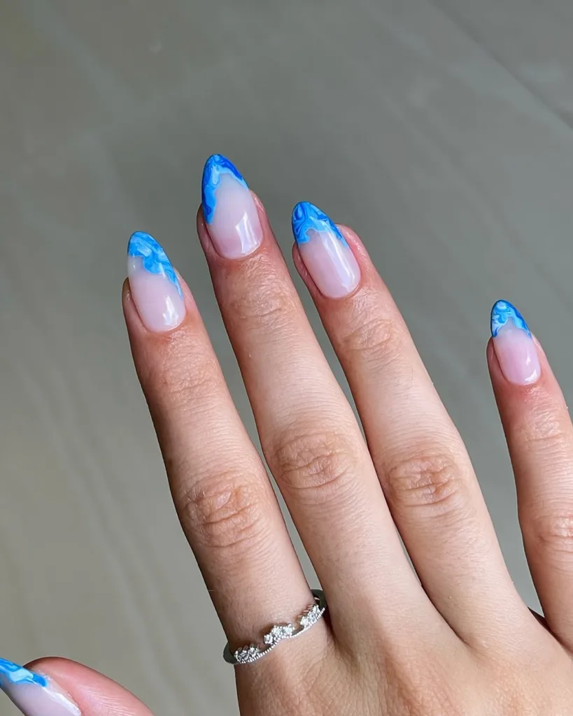Blue Marble Almond French Nails