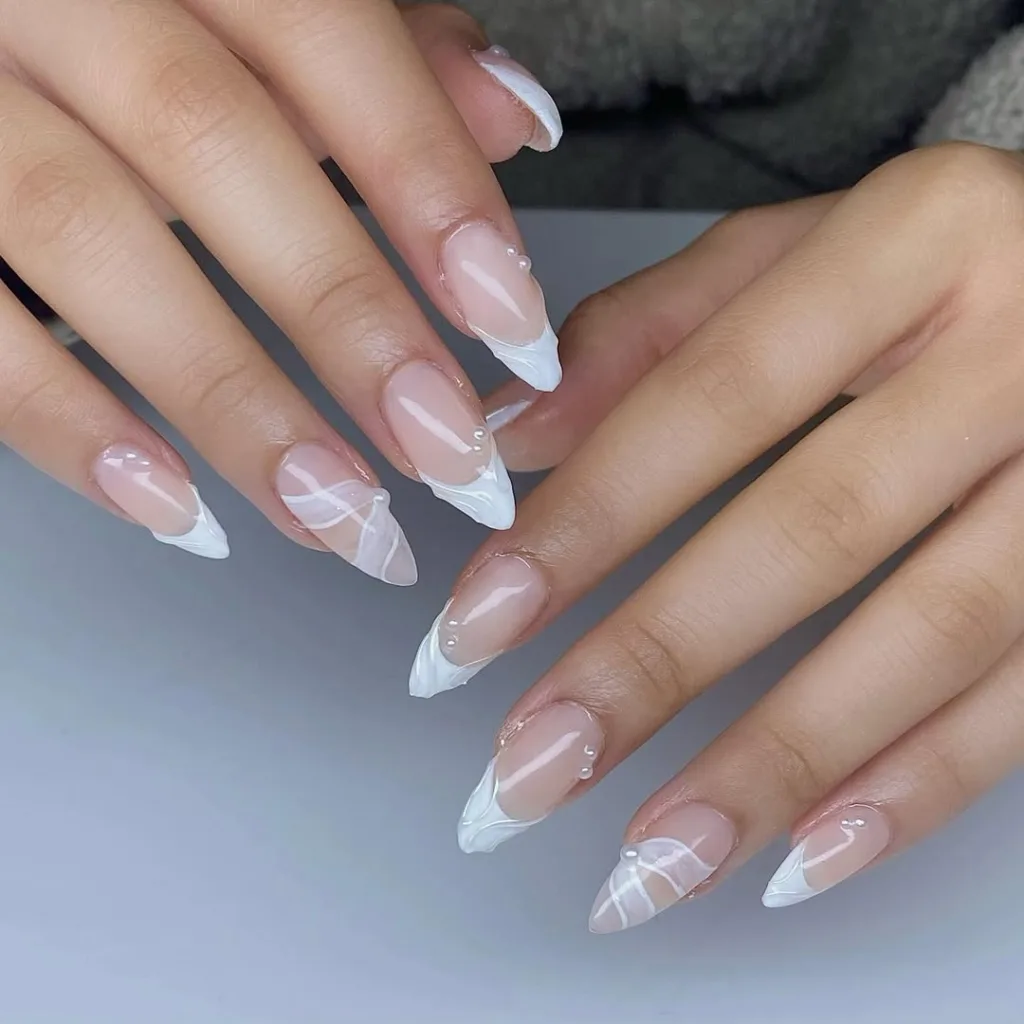White Almond French Nails with 3D Charms