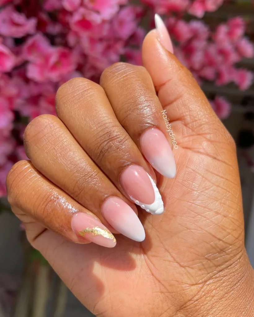 White Ombre + Gold Leaf Design + 3D Gel White Almond French Nails