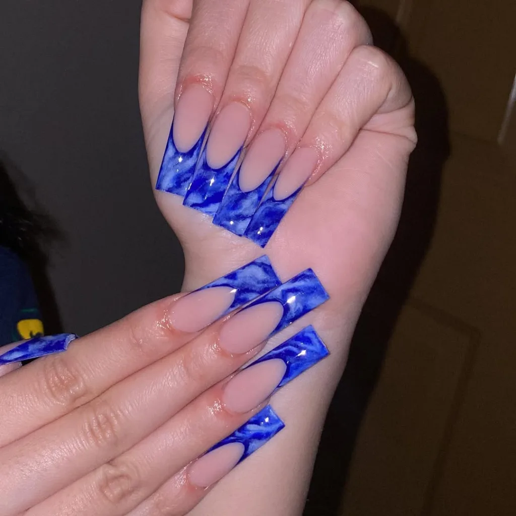 Long Square Marble Blue French Tip Nails