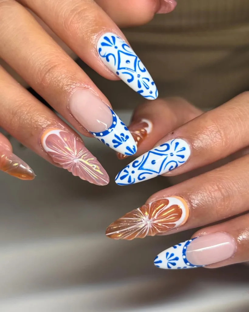 Blue and White Porcelain Blue French Tip Nails