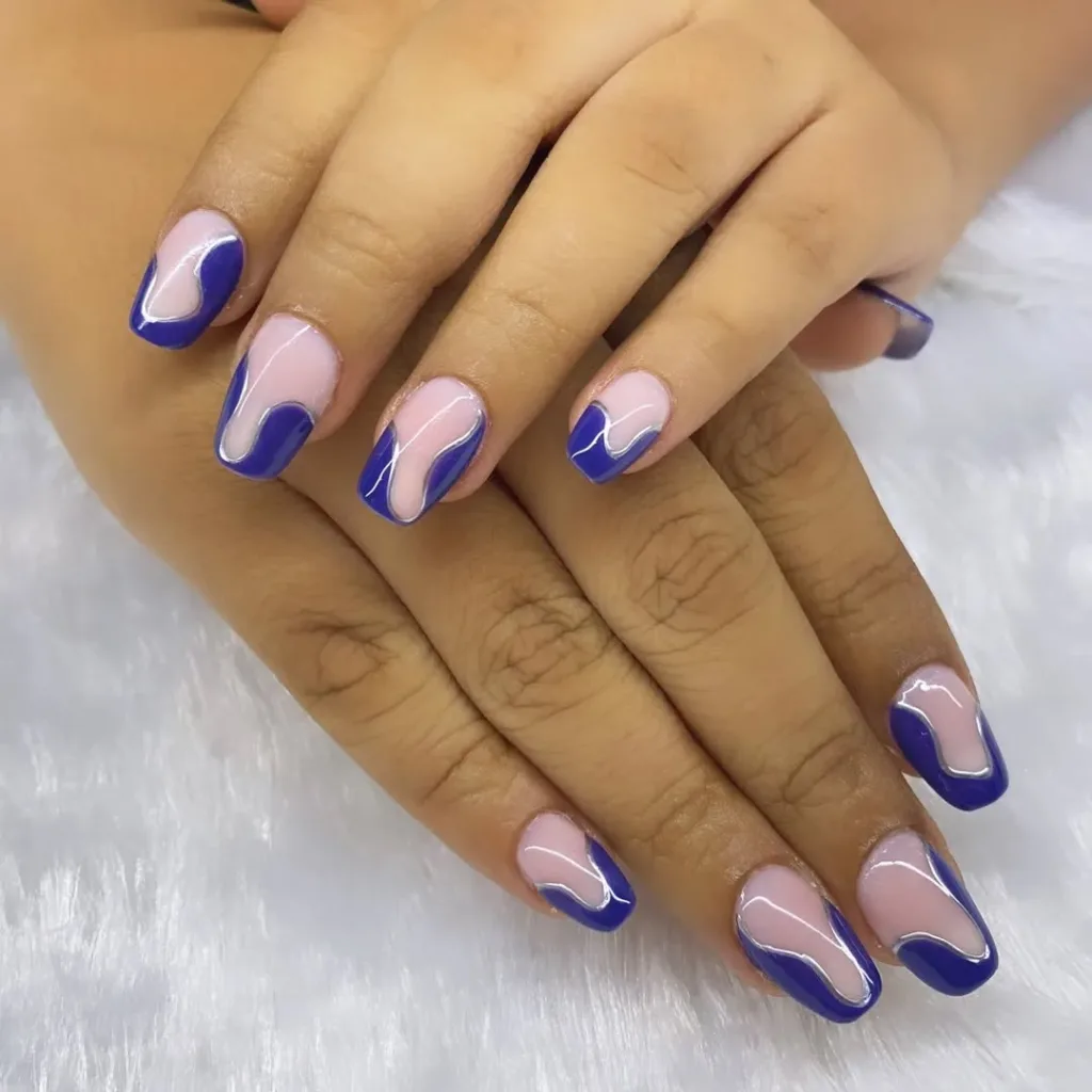 Swirly Dark Blue French Tip Nails