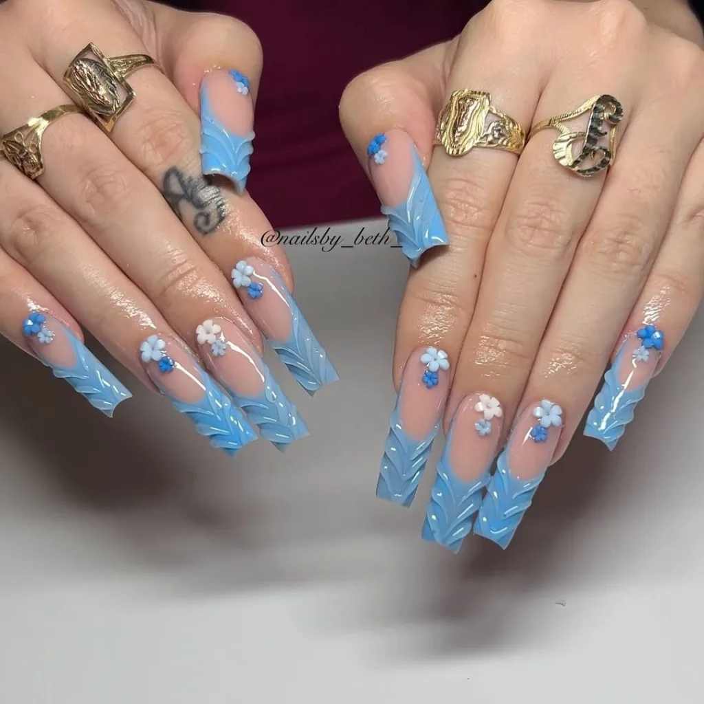 Long Acrylic 3D Gel Blue French Tip Nails