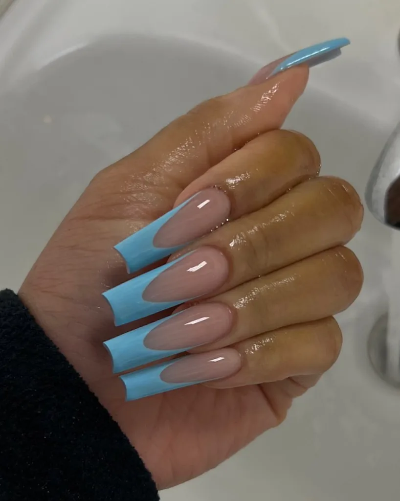 Long Square Blue French Tip Nails