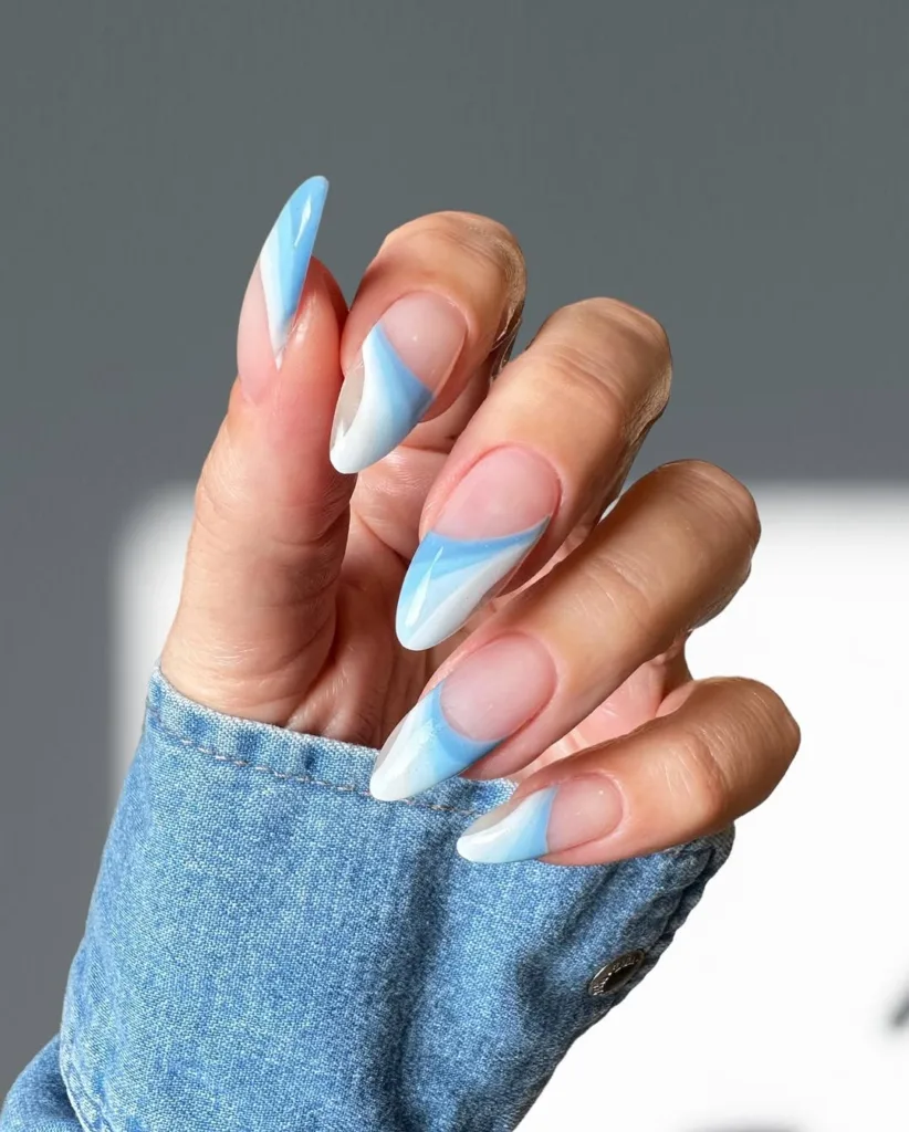 Long Oval Ocean Blue Swirl French Tip Nails