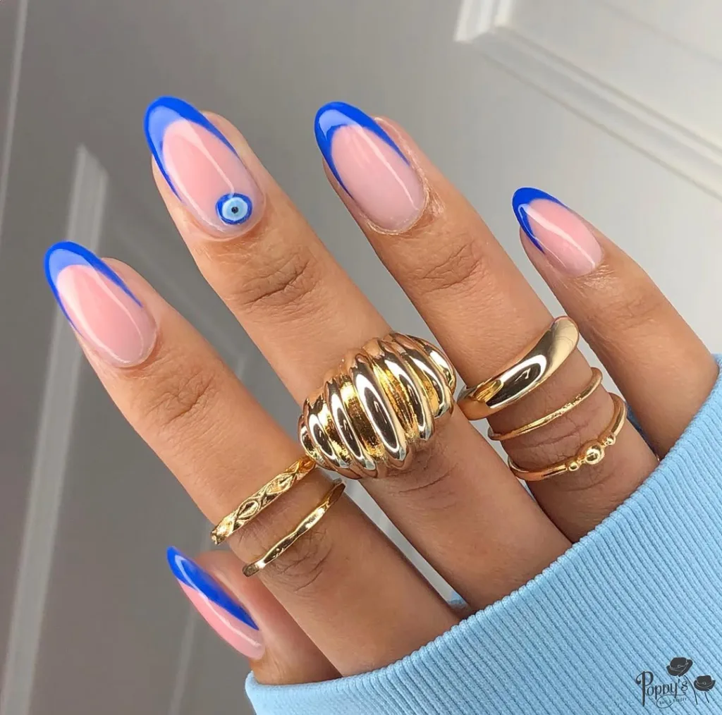 Dark Blue Evil Eye Blue French Tip Nails