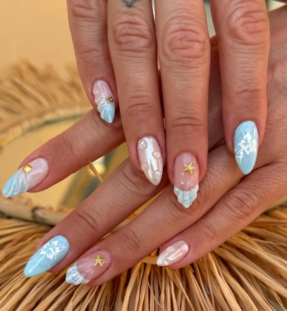 Almond White and Blue Beach  Summer Nails