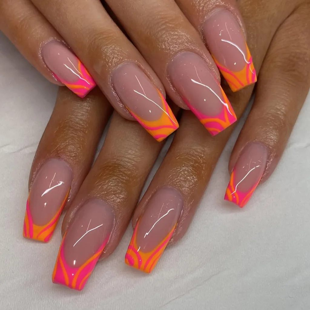 Square Pink and Orange French  Summer Nails