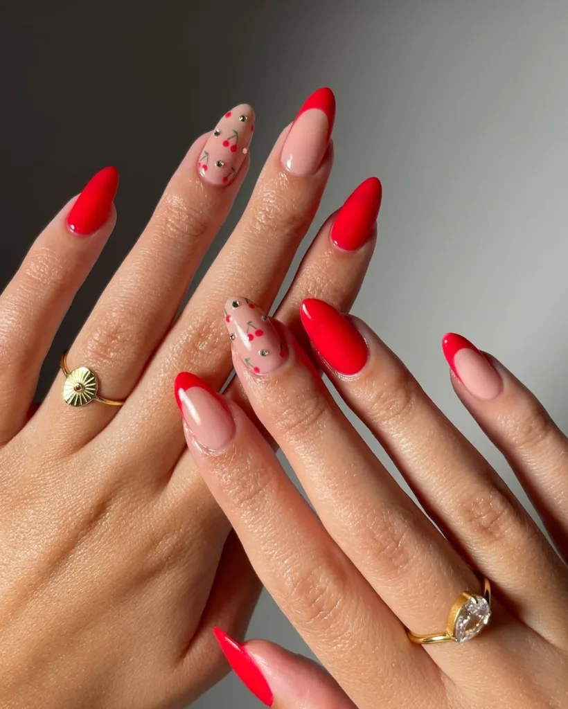 Red Nails with Cherries and Rhinestones+ Red French Tips