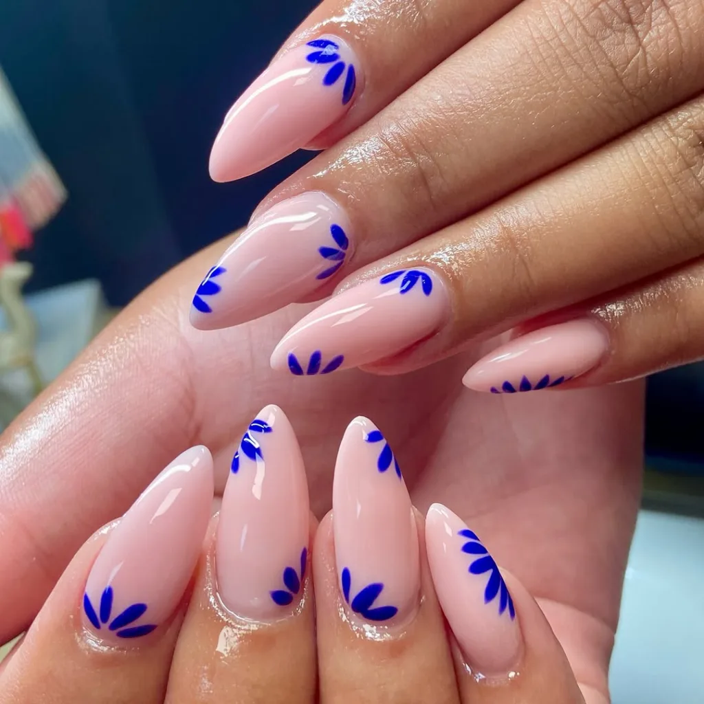 Almond Nude Nails with Blue Petals