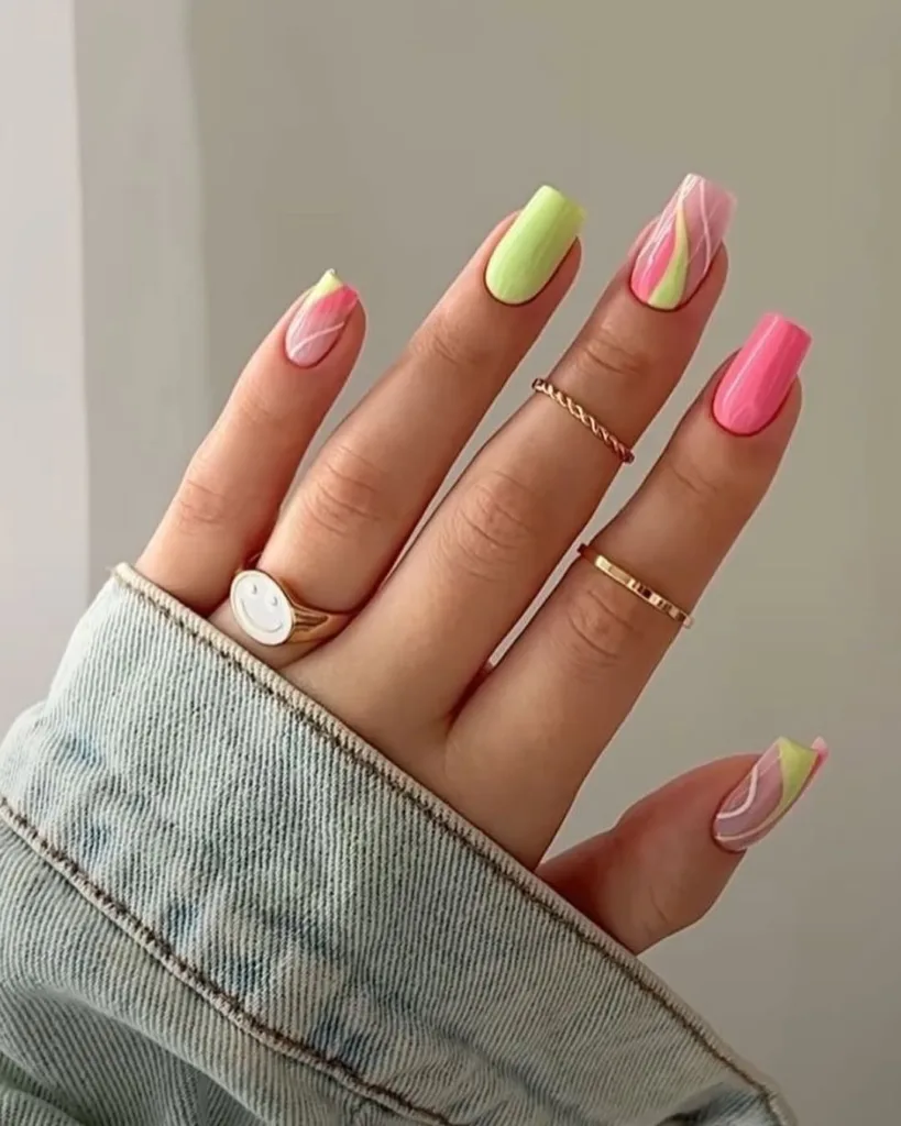Short Square Pink and Green  Summer Nails