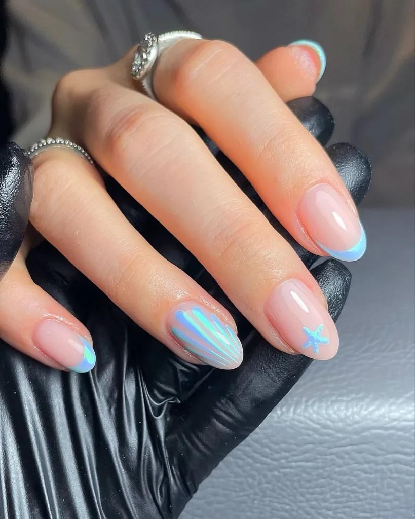 Short Round Blue Chrome Starfish  Summer Nails