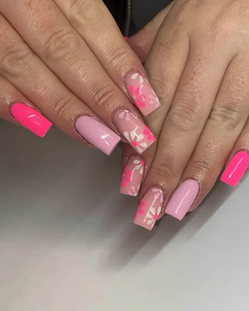 Long Pink Floral Duck Nails