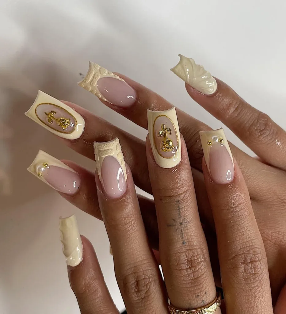 Butter Yellow Flare Nails with Golden Designs