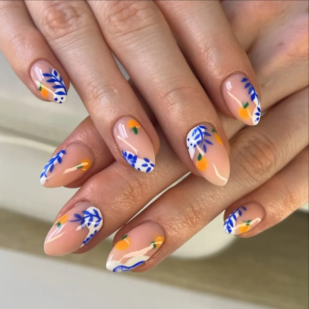 Blue and White Stiletto Summer Nails