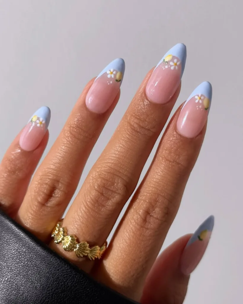 Pastel Blue French Tip Nails with Daisies 
