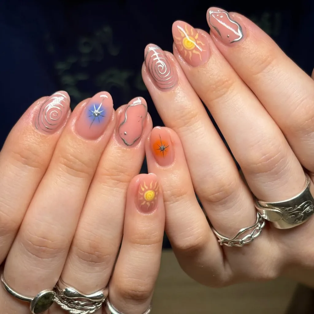 Silver Nail Designs on Nude Base with Sun