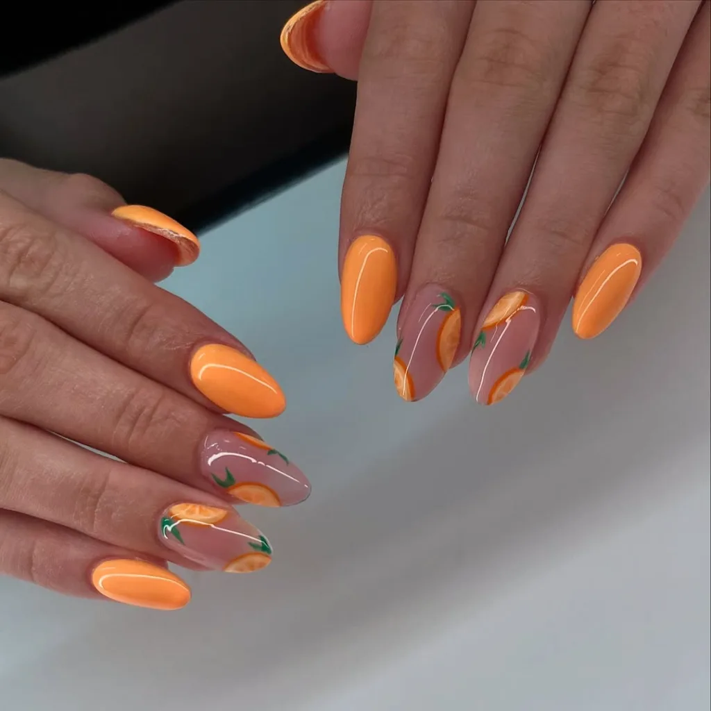 Round Orange Solid Nails with Orange Stickers