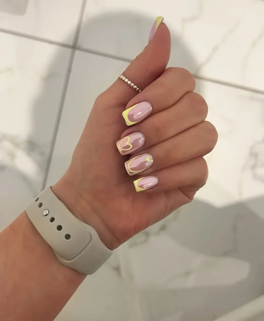 Short Square Yellow Chrome Nails With Nude Base