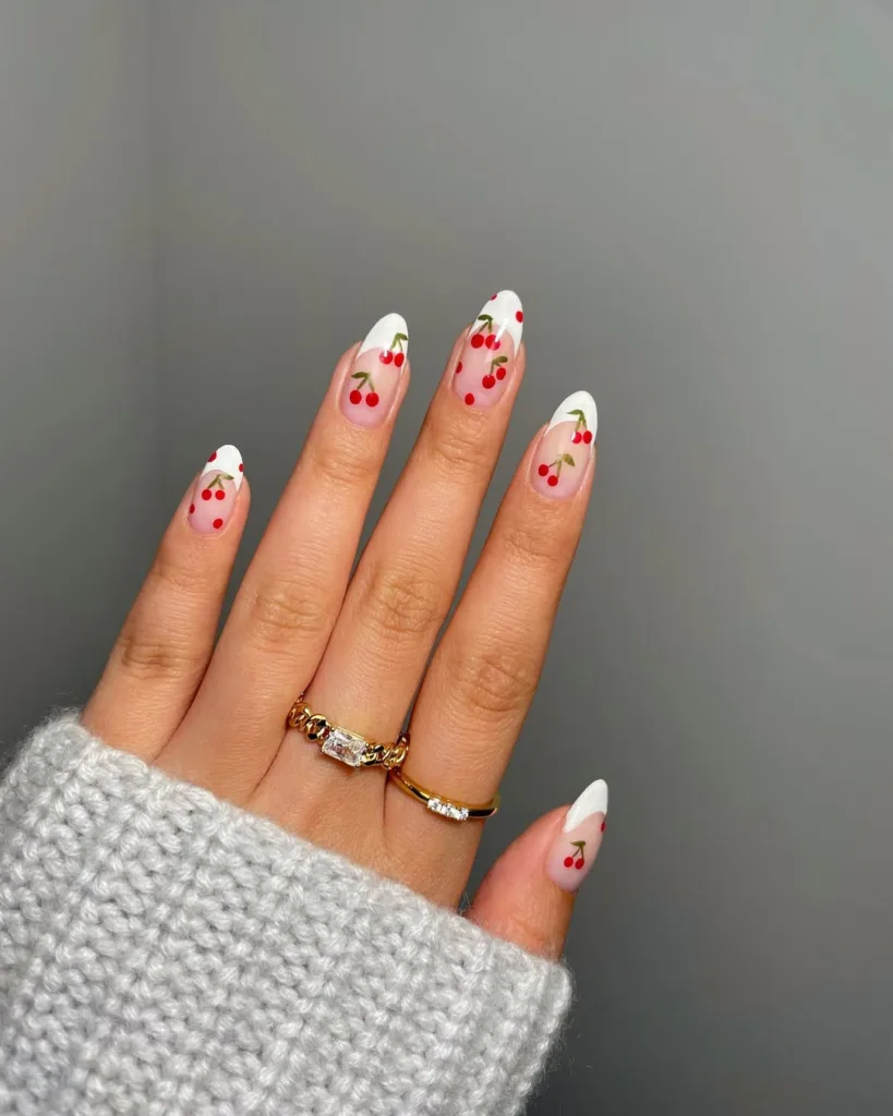 White French Tips with Red Cherries Summer Nails