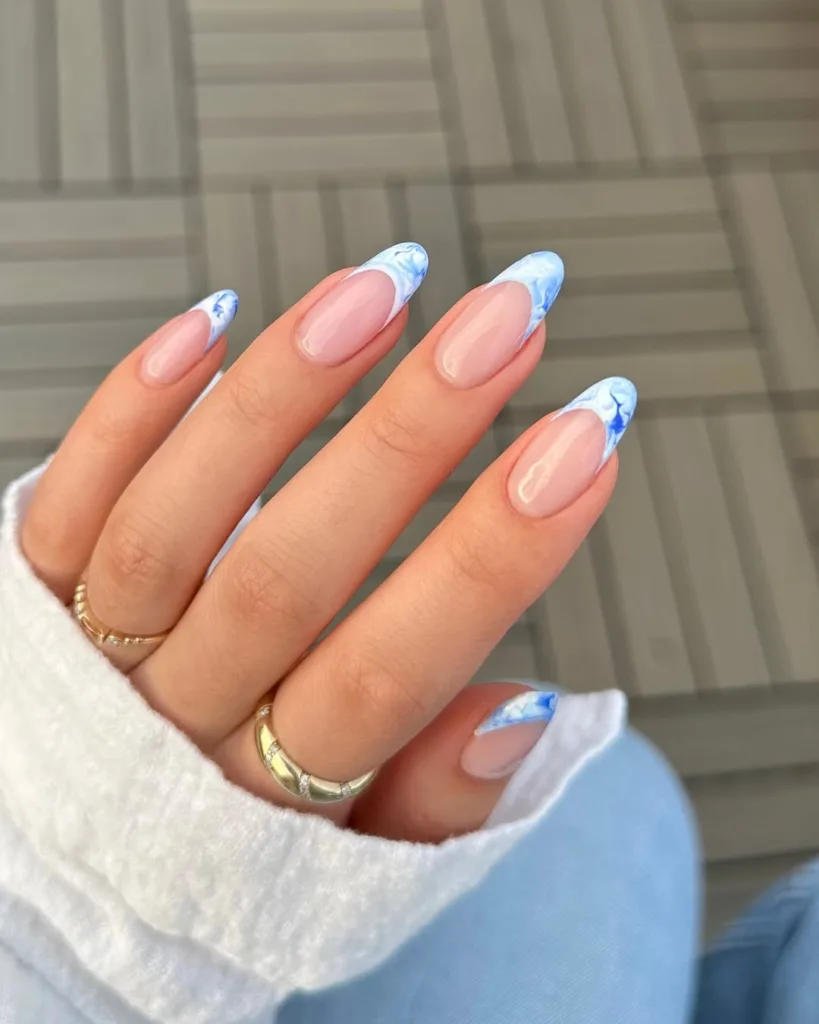 Blue and White Marble French Tip  Summer Nails