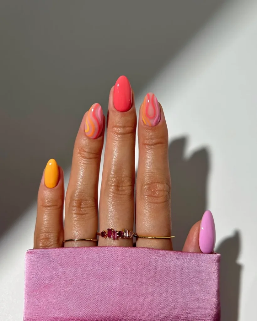 Short Round Coral Pink and Yellow  Summer Nails