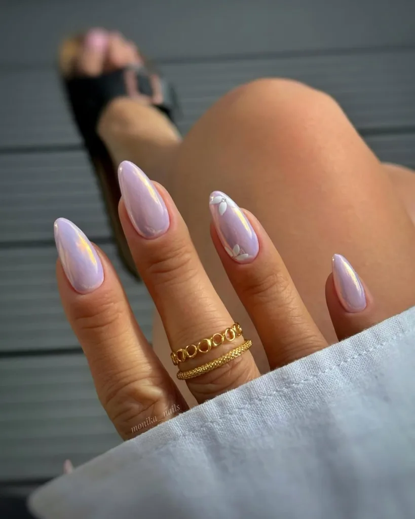 Lilac Chrome Summer Nails with White Flowers