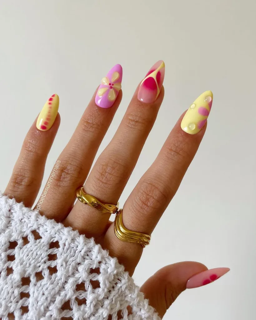 Yellow and Pink Summer Nails with 3D Flowers