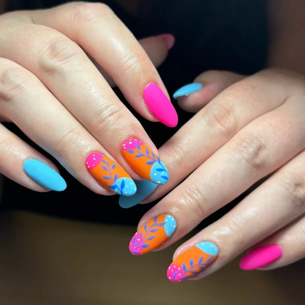 Blue and Pink Flower  Summer Nails
