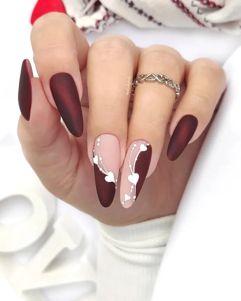 Burgundy and White Long Round  Summer Nails