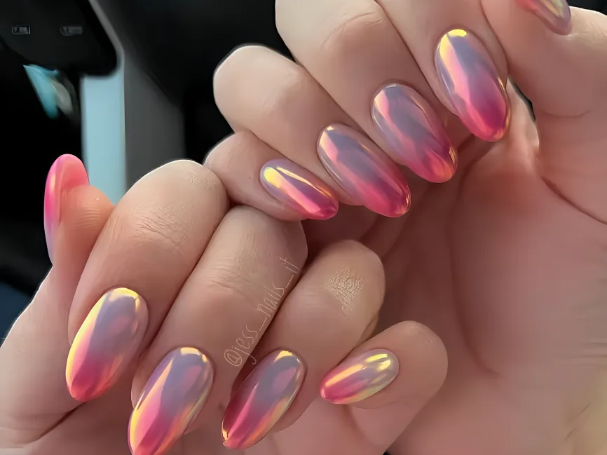 Pink chrome almond nails