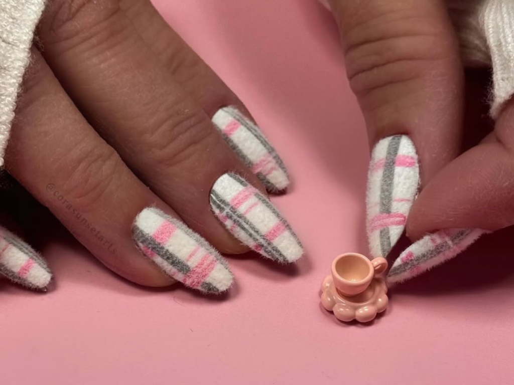 Chic & Cute Pink, Grey, and White Plaid Furry Nails